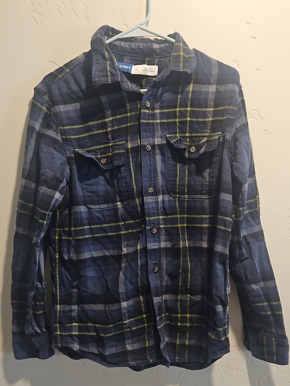 Old Navy Men's Navy Plaid Flannel Shirt - Navy with Lime Check Size MED